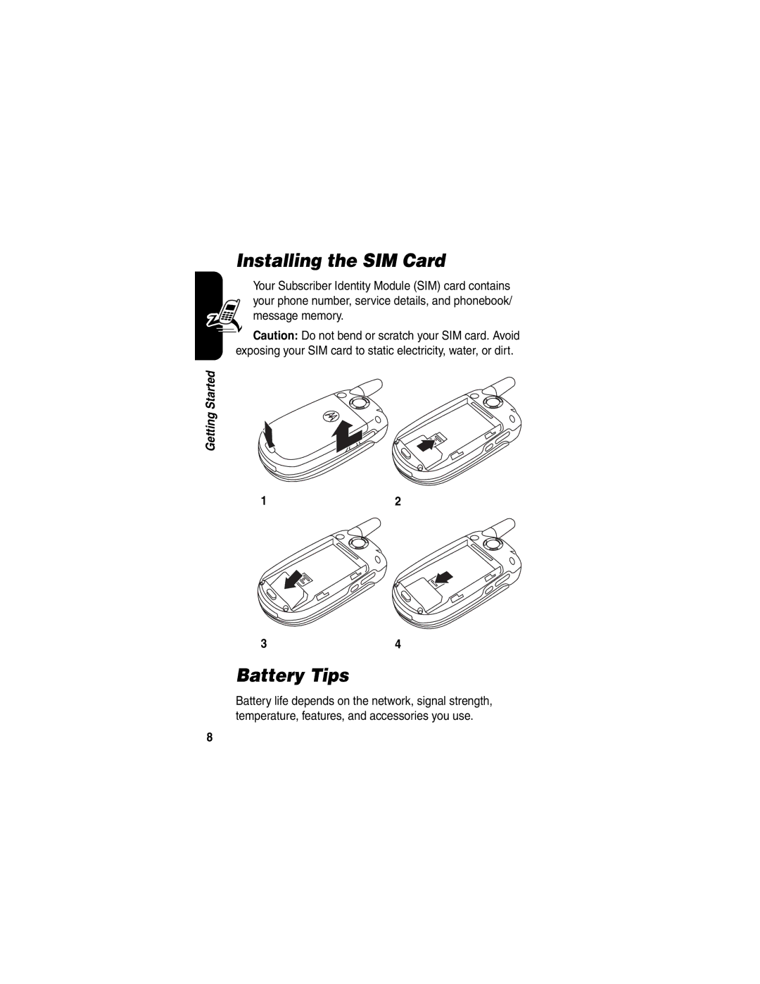 Motorola V551 manual Installing the SIM Card, Battery Tips 