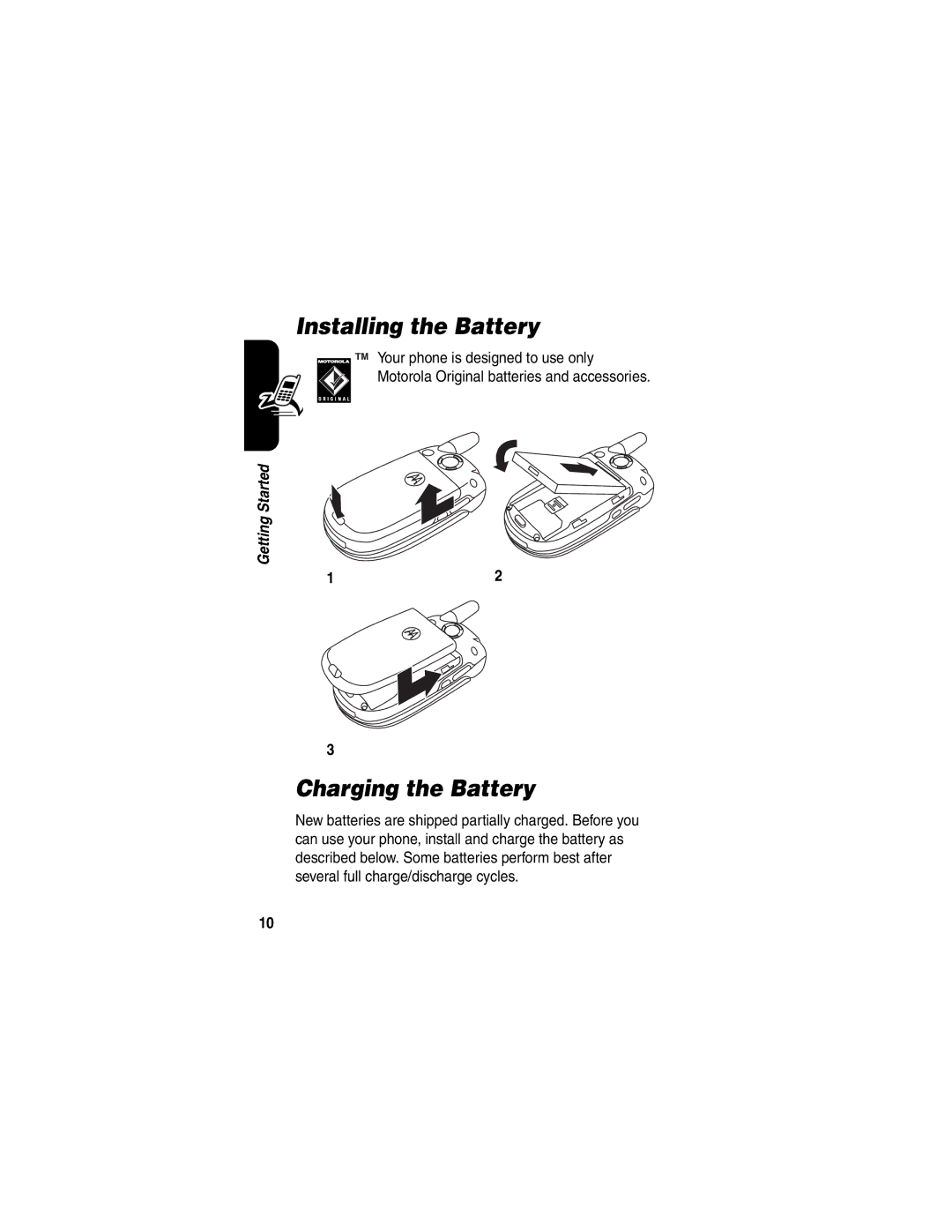 Motorola V551 manual Installing the Battery, Charging the Battery 