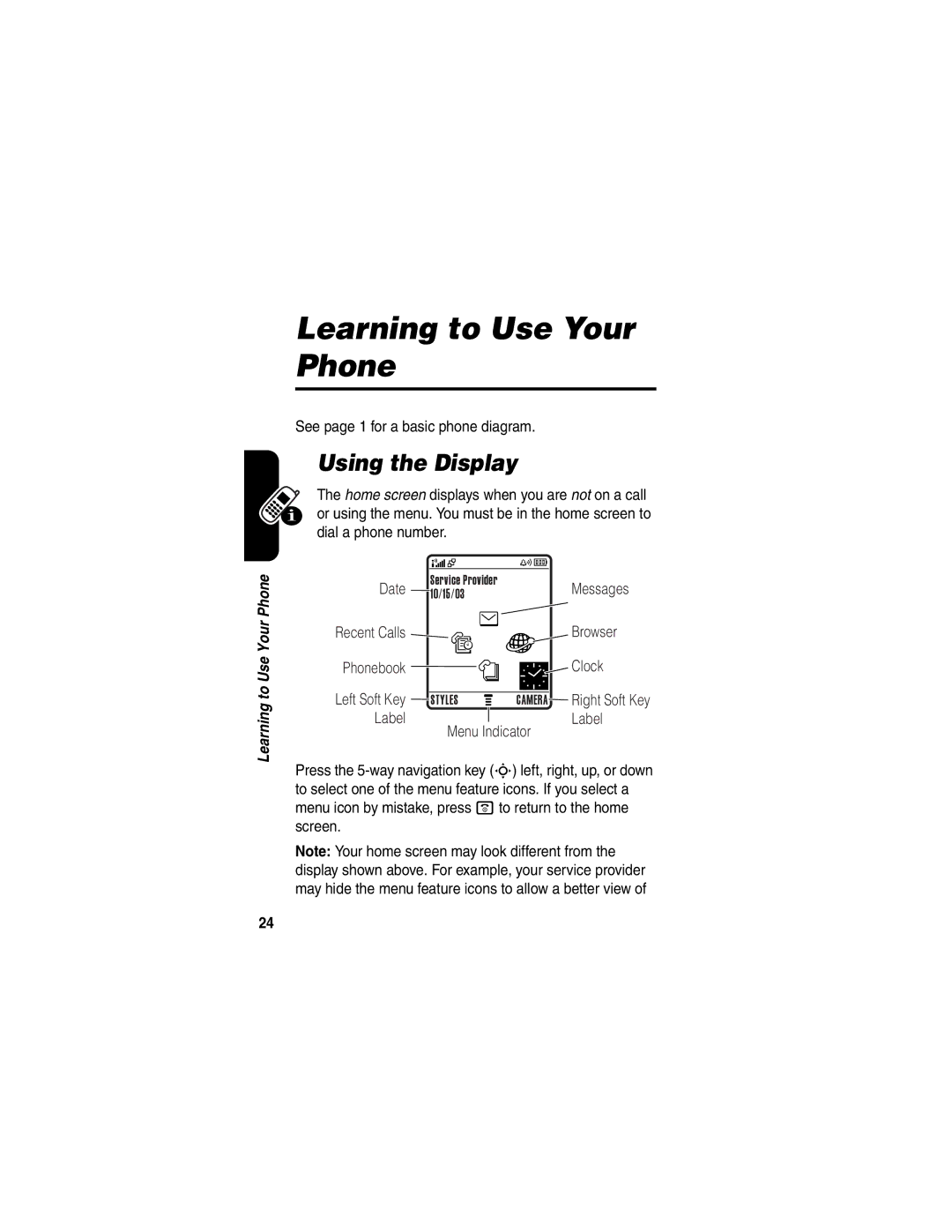 Motorola V551 manual Learning to Use Your Phone, Using the Display, See page 1 for a basic phone diagram 