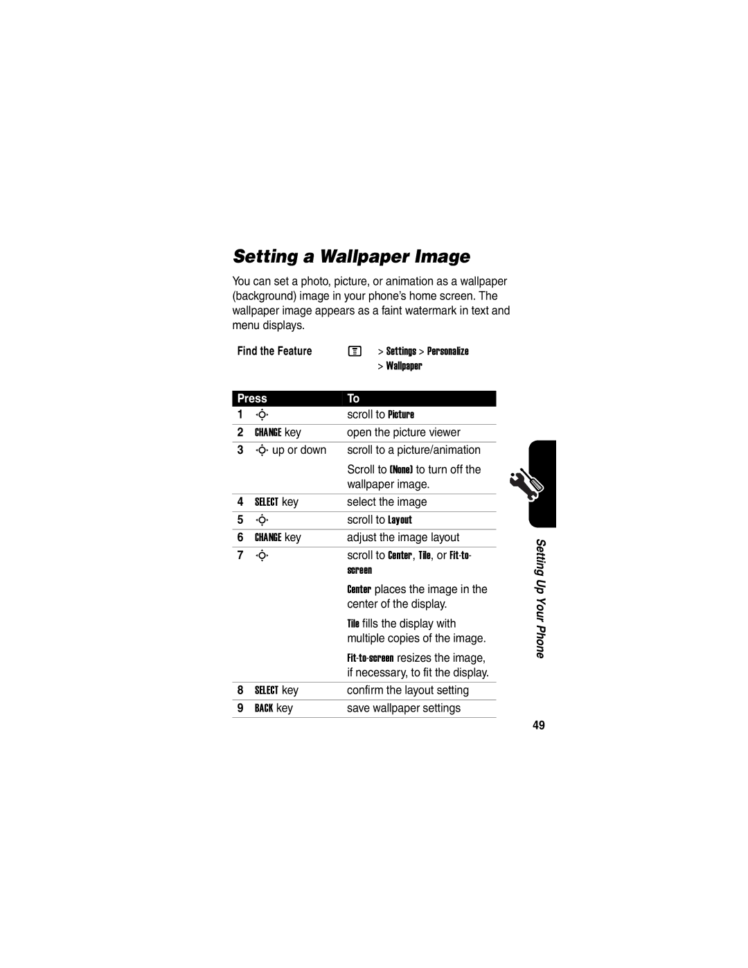 Motorola V551 manual Setting a Wallpaper Image, Settings Personalize, Screen, Back key 