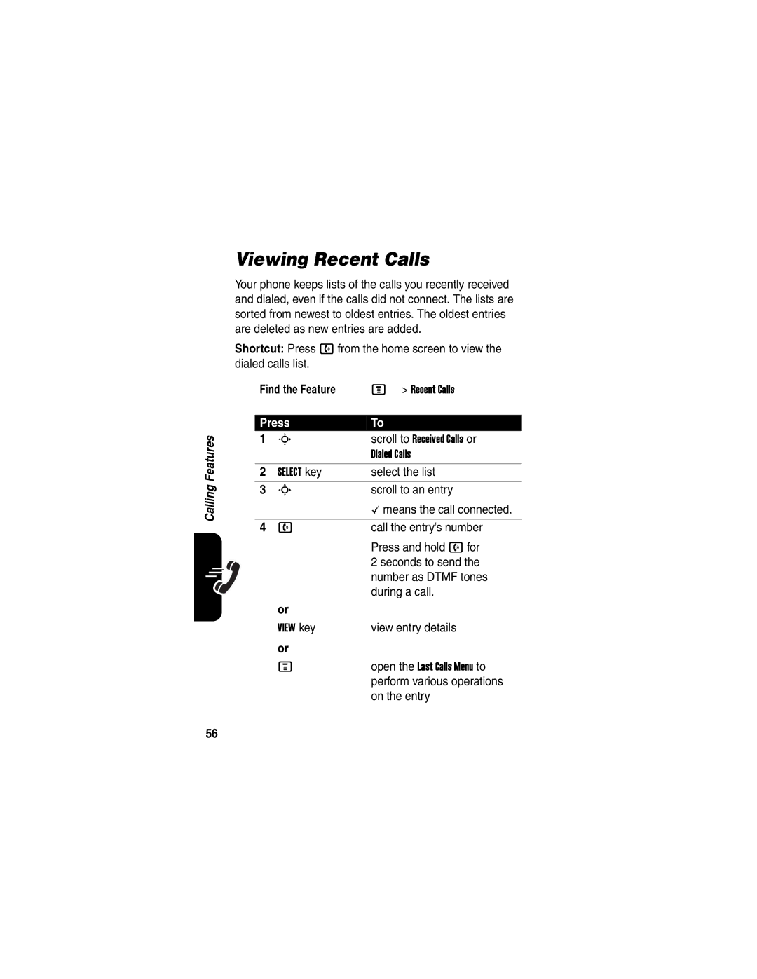 Motorola V551 manual Viewing Recent Calls, Scroll to Received Calls or, Dialed Calls, View key 