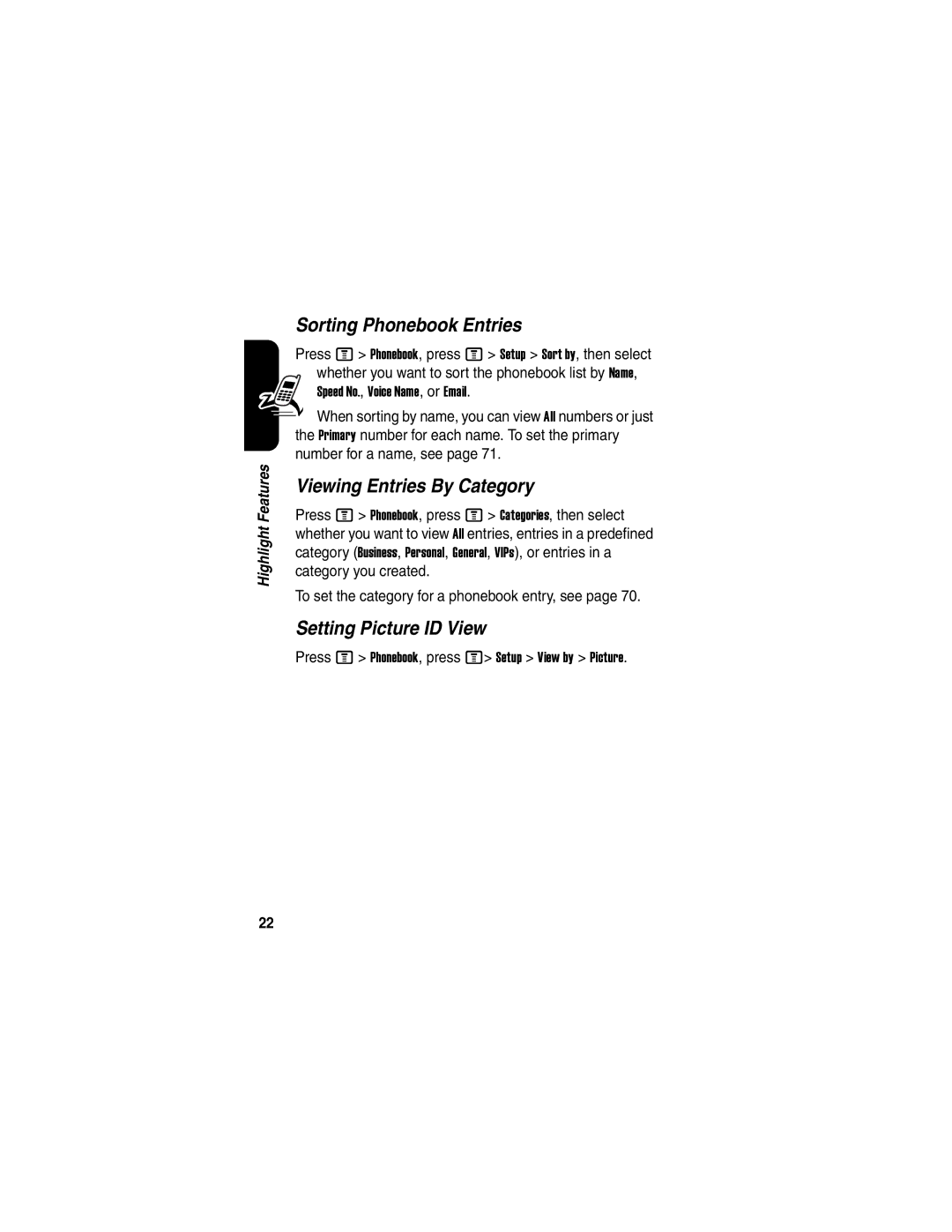 Motorola V551SLVATT manual Sorting Phonebook Entries, Viewing Entries By Category, Setting Picture ID View 