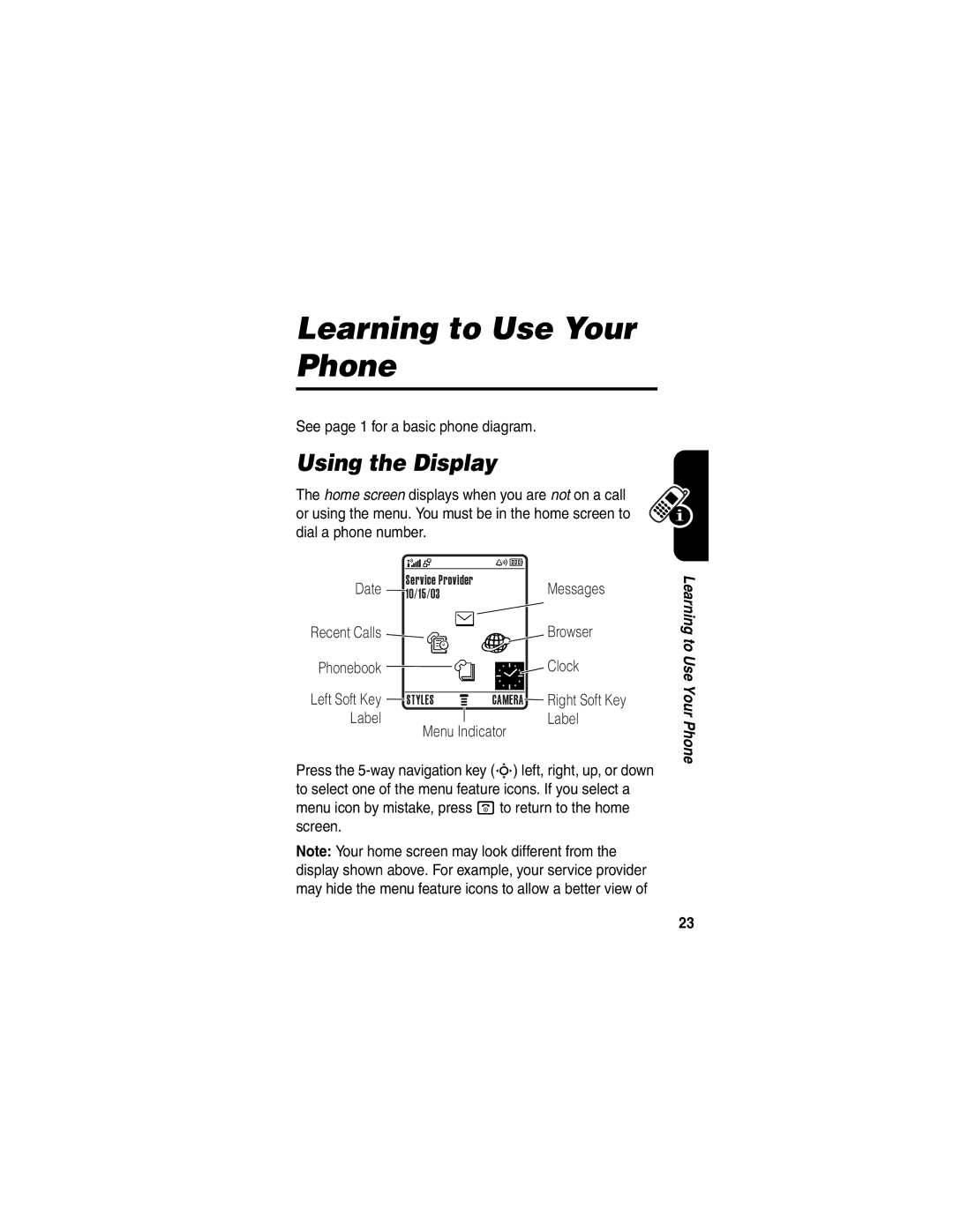 Motorola V551SLVATT manual Learning to Use Your Phone, Using the Display, See page 1 for a basic phone diagram 