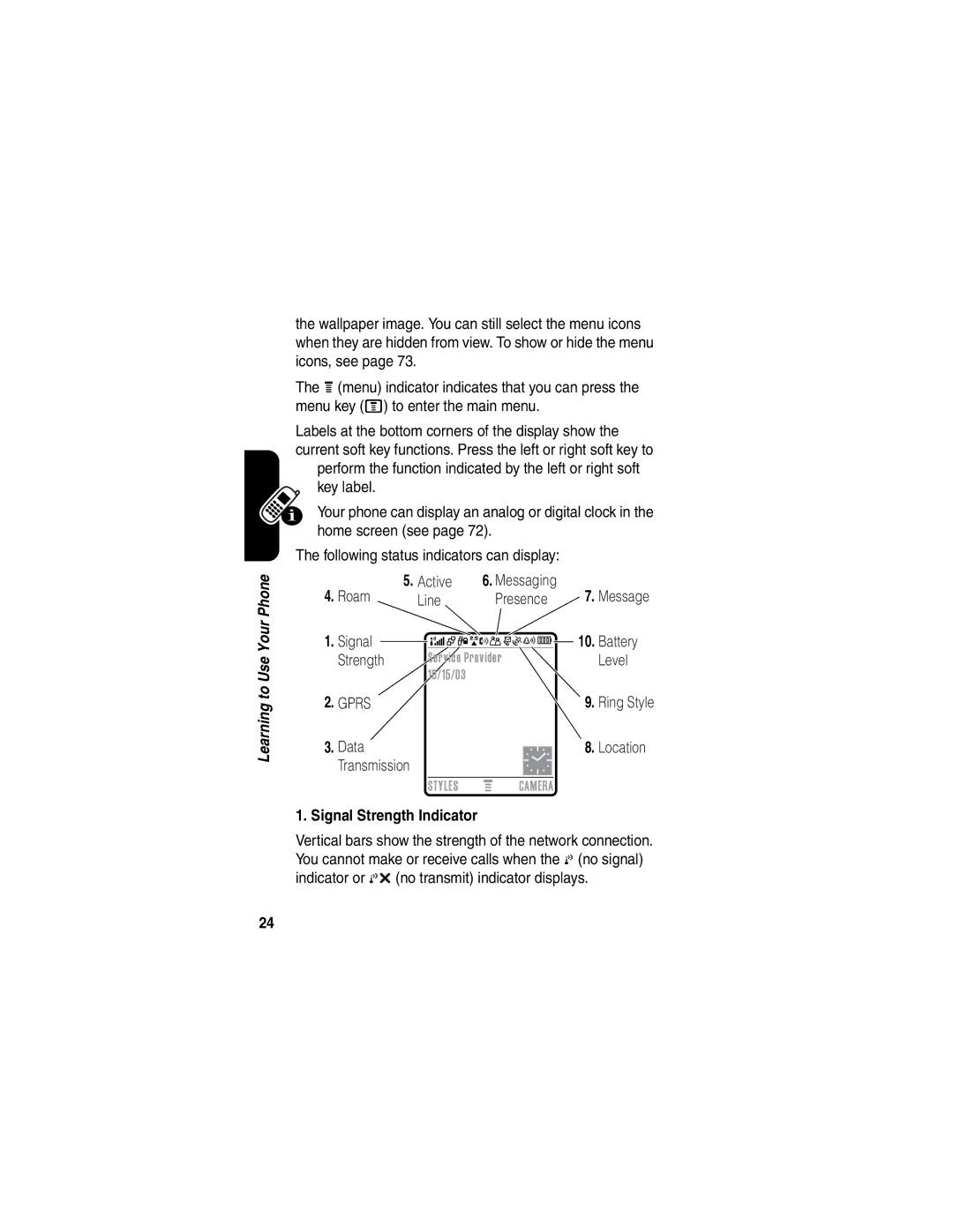 Motorola V551SLVATT manual Signal Strength Indicator 