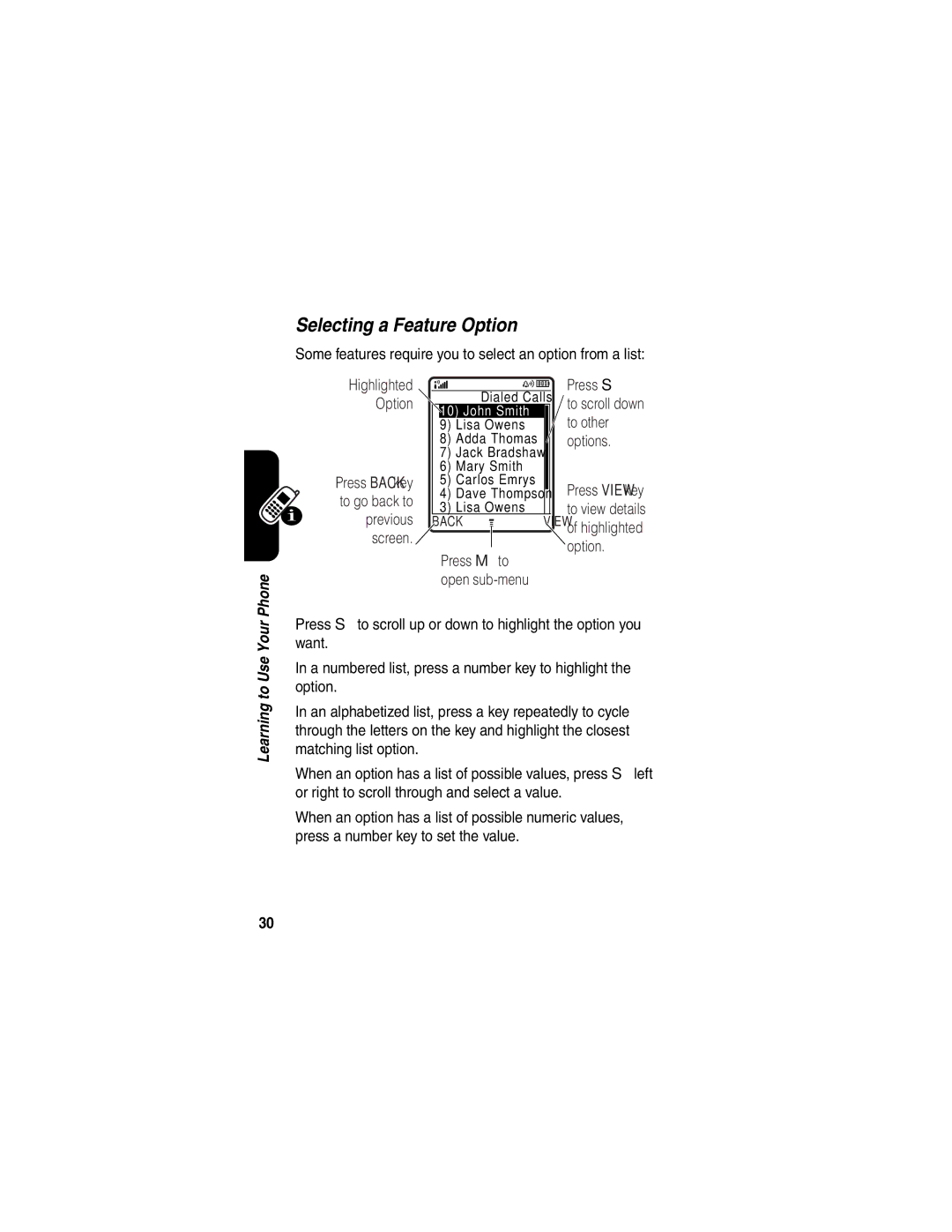 Motorola V551SLVATT manual Selecting a Feature Option, Some features require you to select an option from a list 