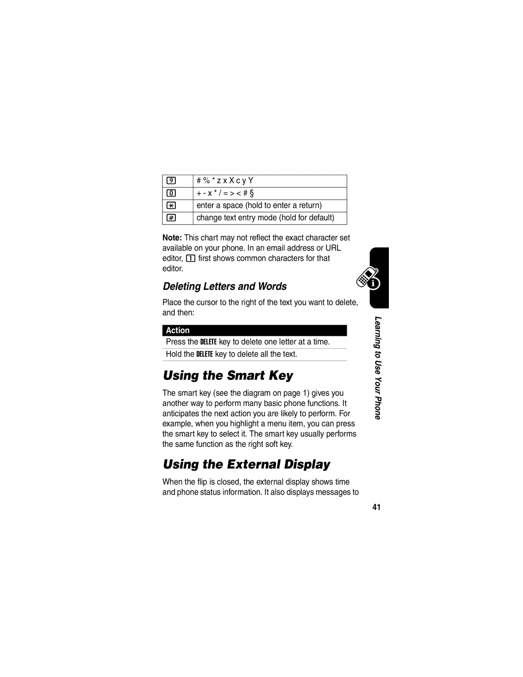 Motorola V551SLVATT manual Using the Smart Key, Using the External Display, Deleting Letters and Words 