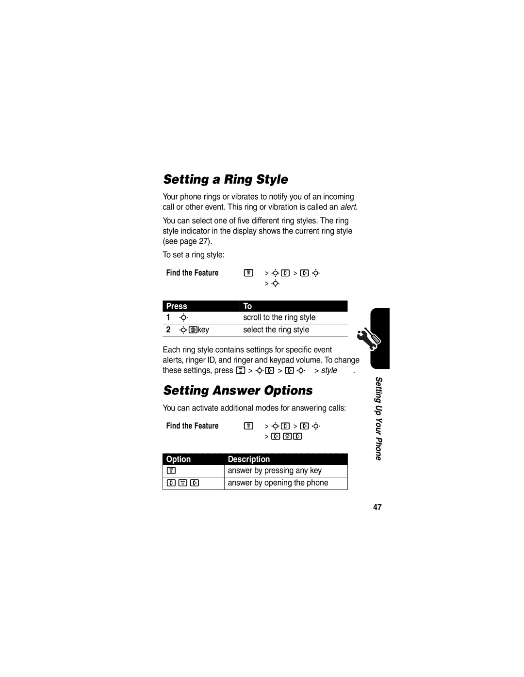 Motorola V551SLVATT manual Setting a Ring Style, Setting Answer Options 