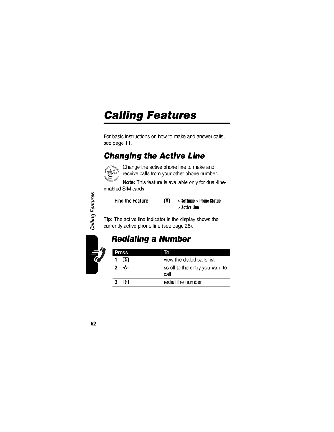 Motorola V551SLVATT manual Calling Features, Changing the Active Line, Redialing a Number 