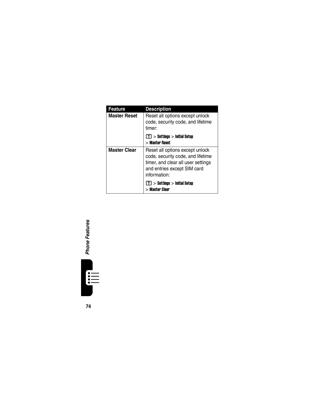 Motorola V551SLVATT manual Master Reset, Master Clear 