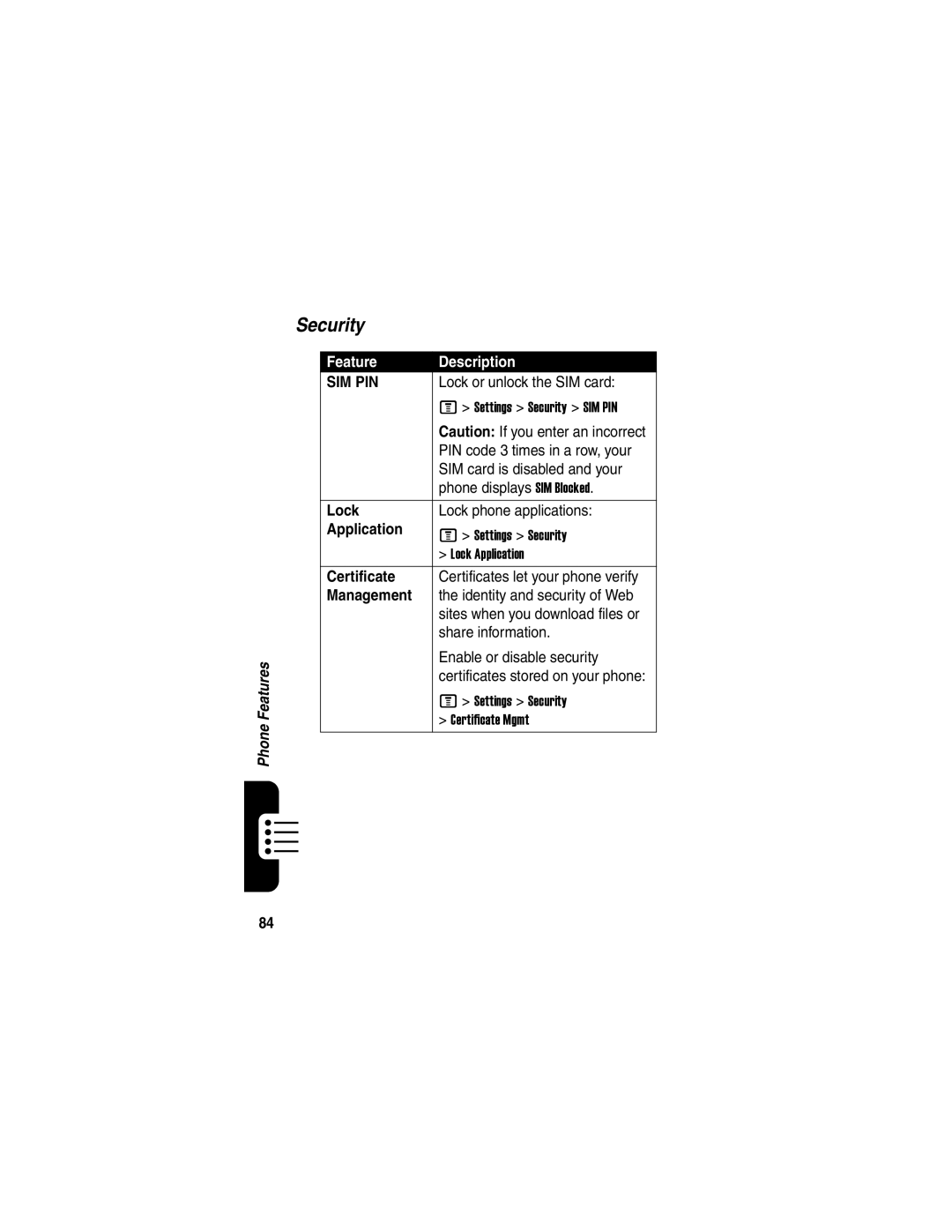 Motorola V551SLVATT manual Security, Lock, Application, Certificate, Management 