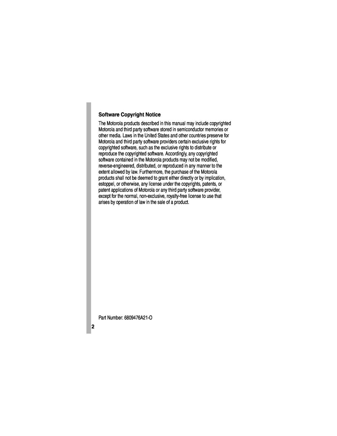 Motorola V551SLVATT manual Software Copyright Notice, Part Number 6809476A21-O 