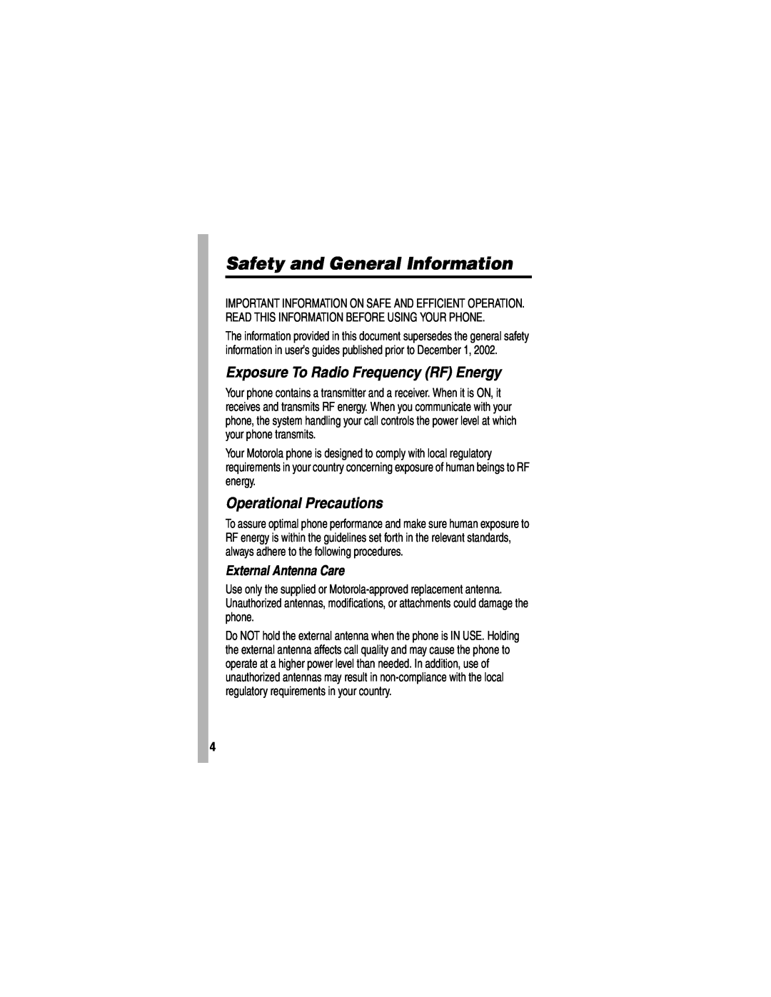 Motorola V551SLVATT manual Safety and General Information, Exposure To Radio Frequency RF Energy, Operational Precautions 