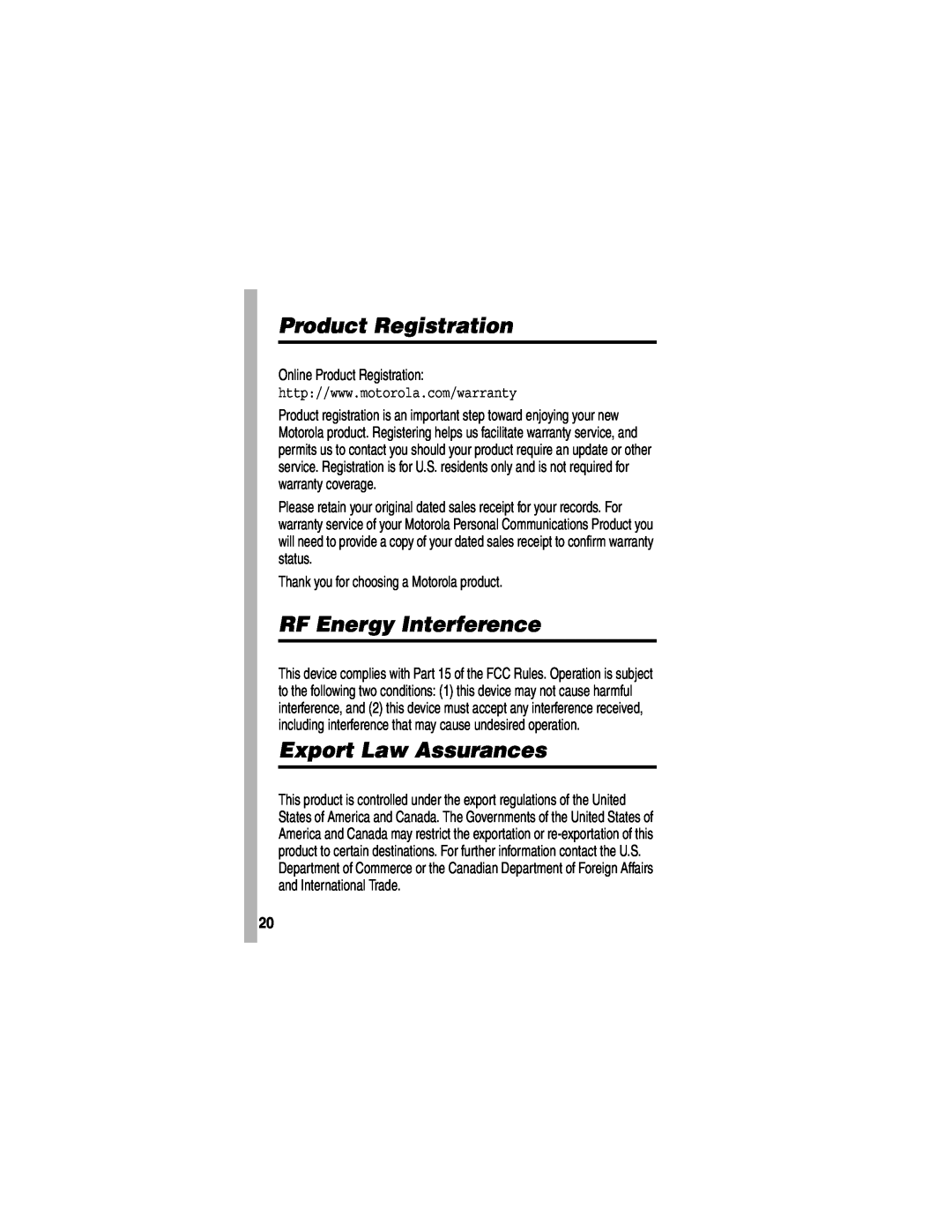 Motorola V551SLVATT manual RF Energy Interference, Export Law Assurances, Online Product Registration 