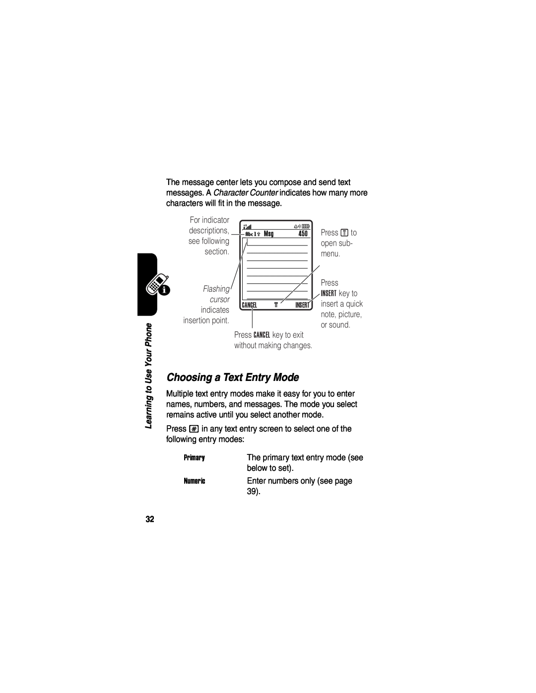 Motorola V551SLVATT manual Choosing a Text Entry Mode, Press Mto, open sub, menu, or sound 