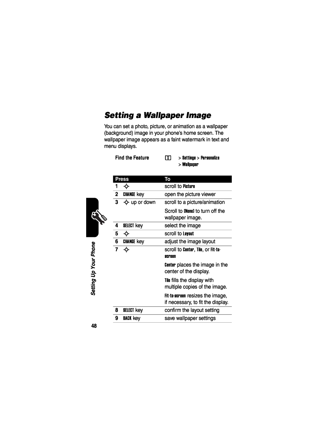 Motorola V551SLVATT manual Setting a Wallpaper Image, Press 