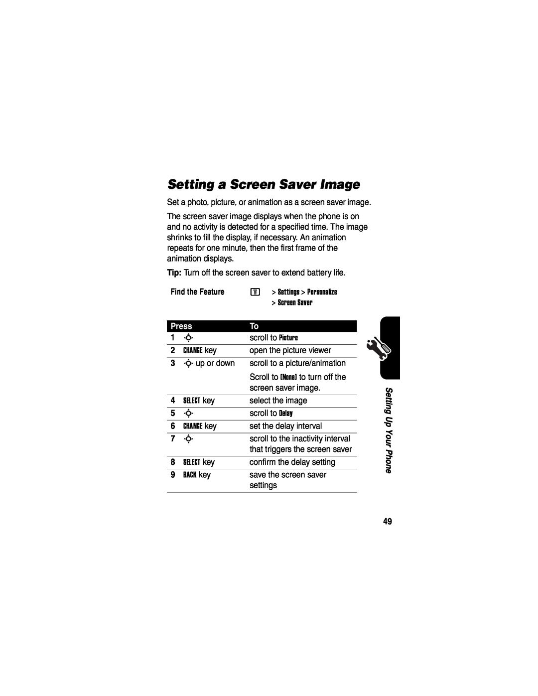 Motorola V551SLVATT manual Setting a Screen Saver Image, Press, Set a photo, picture, or animation as a screen saver image 