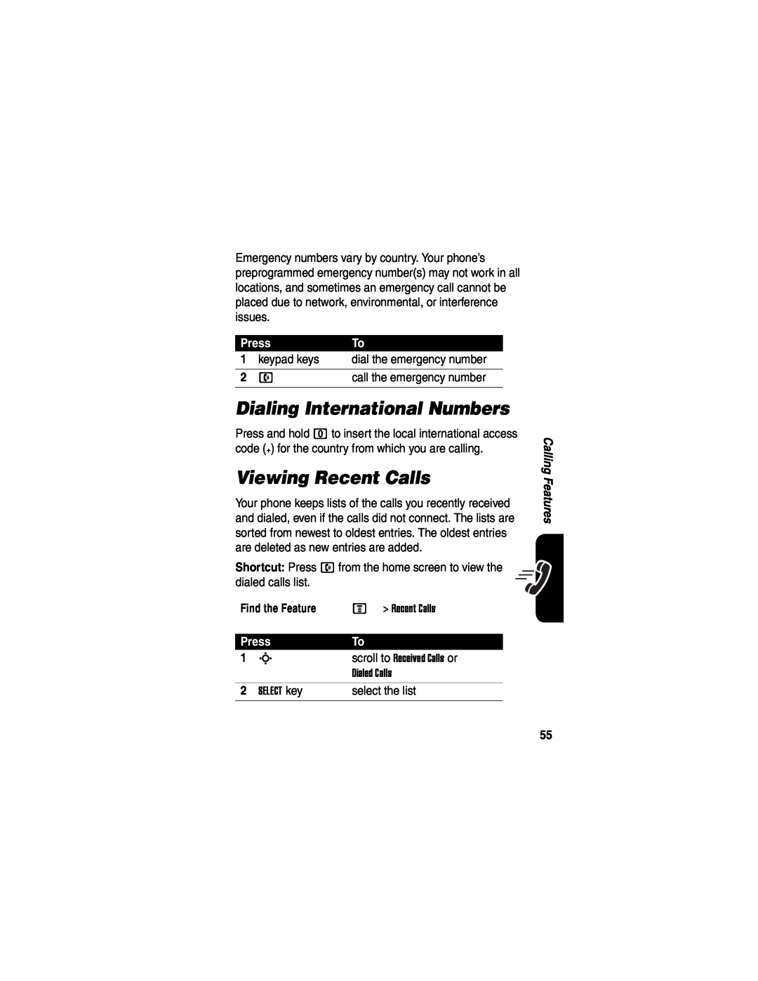 Motorola V551SLVATT manual Dialing International Numbers, Viewing Recent Calls, Press 