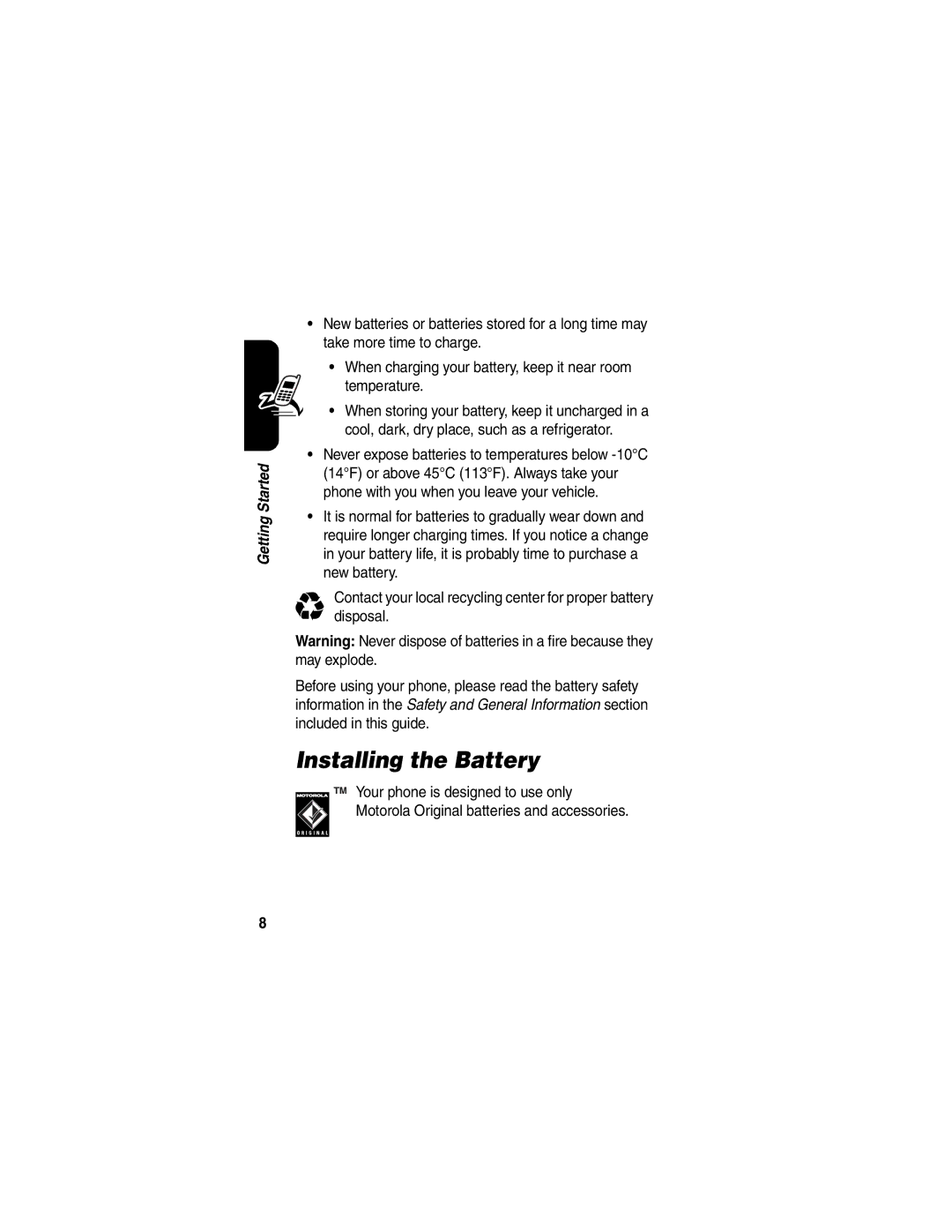 Motorola V555 manual Installing the Battery 