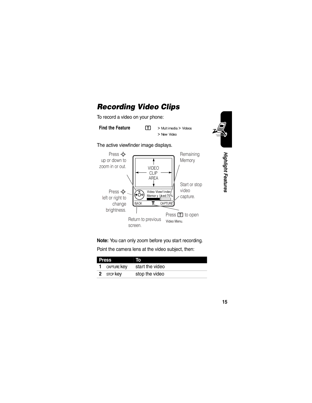 Motorola V555 manual Recording Video Clips, Find the Feature 