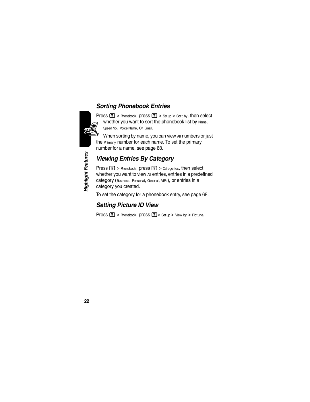 Motorola V555 manual Sorting Phonebook Entries, Viewing Entries By Category, Setting Picture ID View 