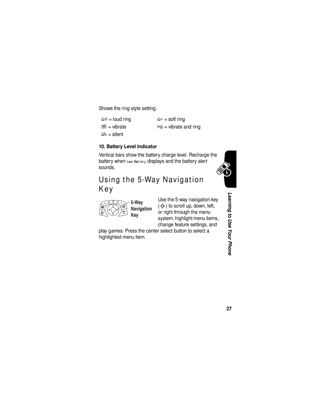 Motorola V555 manual Using the 5-Way Navigation Key, Battery Level Indicator 