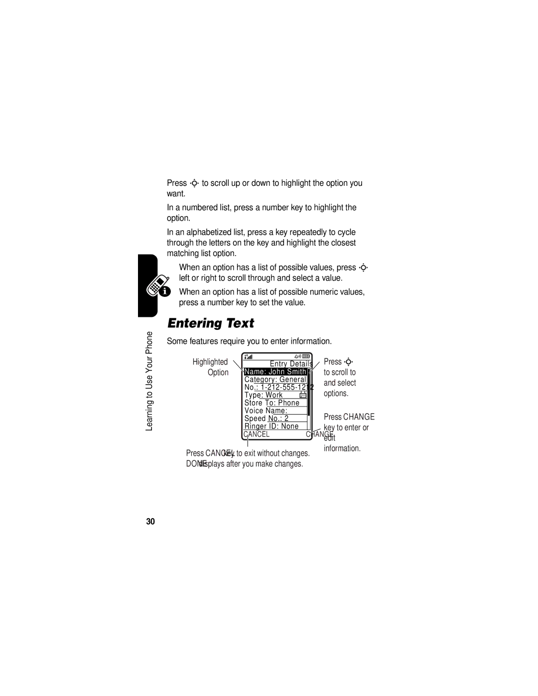 Motorola V555 manual Entering Text, Some features require you to enter information 