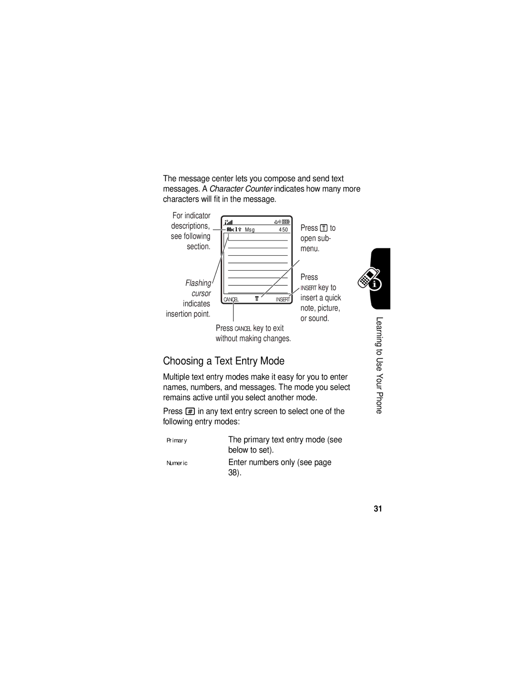 Motorola V555 manual Choosing a Text Entry Mode, Below to set, Enter numbers only see 