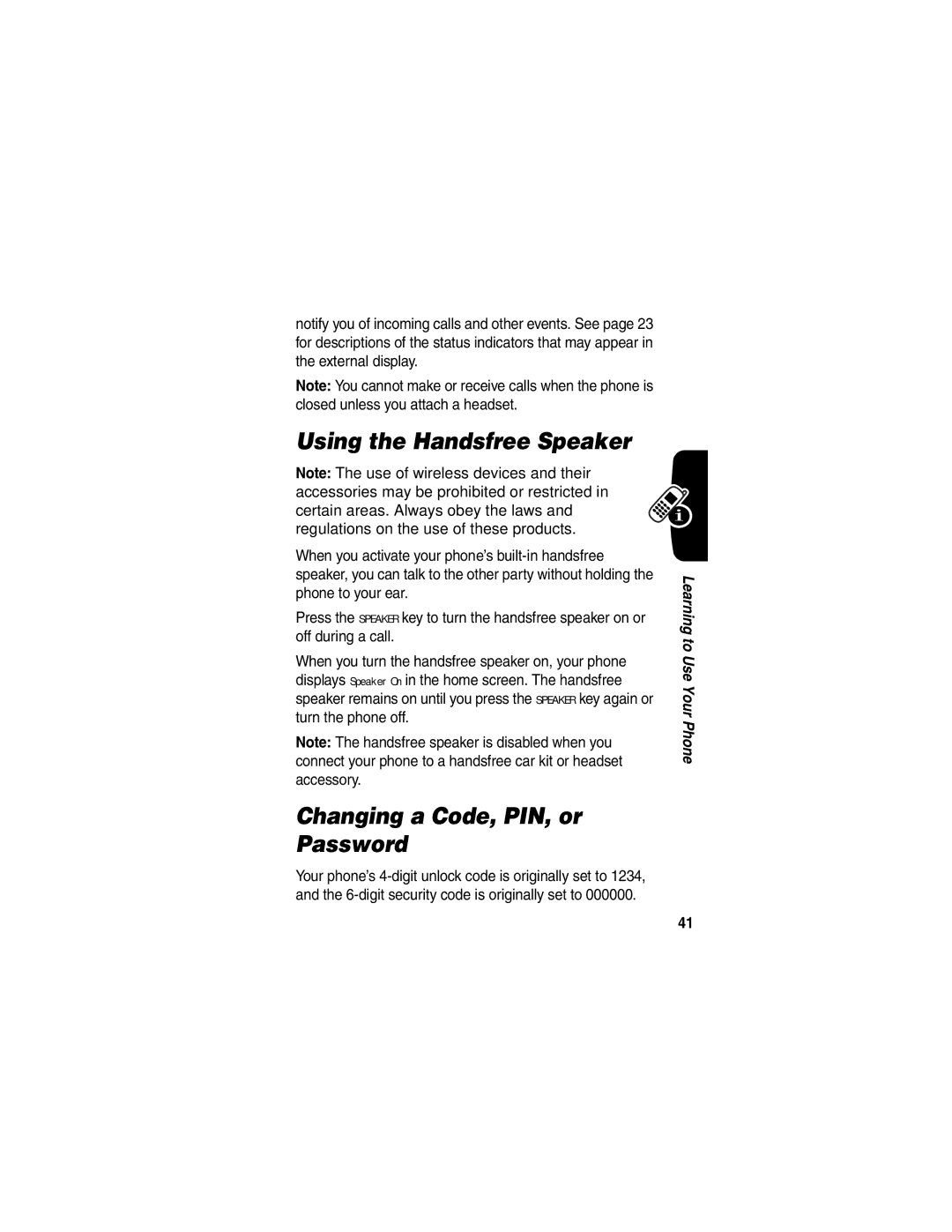 Motorola V555 manual Using the Handsfree Speaker, Changing a Code, PIN, or Password 