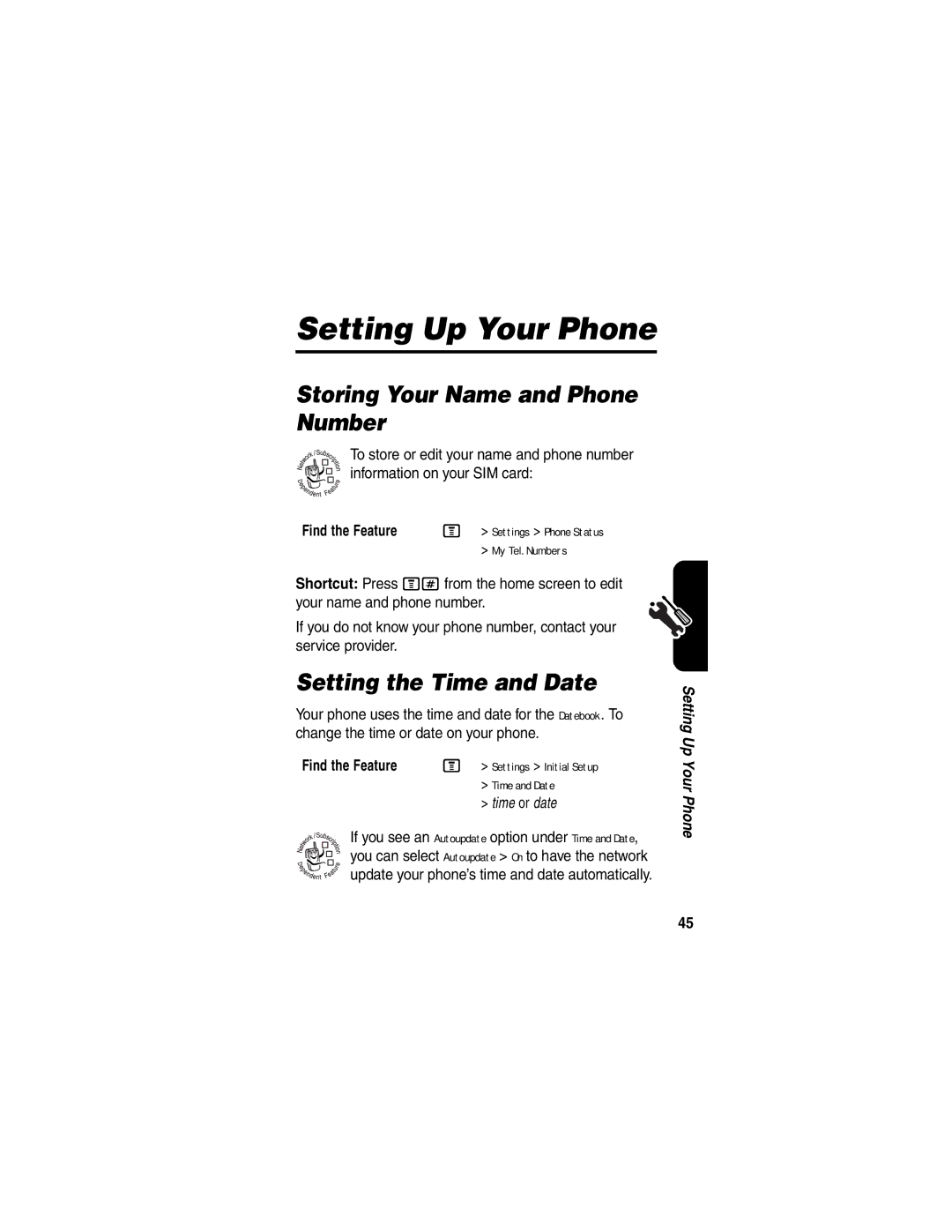 Motorola V555 manual Setting Up Your Phone, Storing Your Name and Phone Number, Setting the Time and Date 