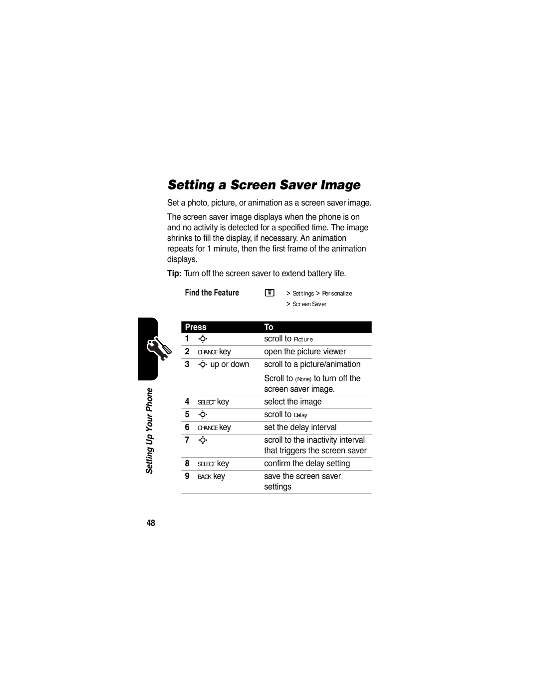 Motorola V555 manual Setting a Screen Saver Image 