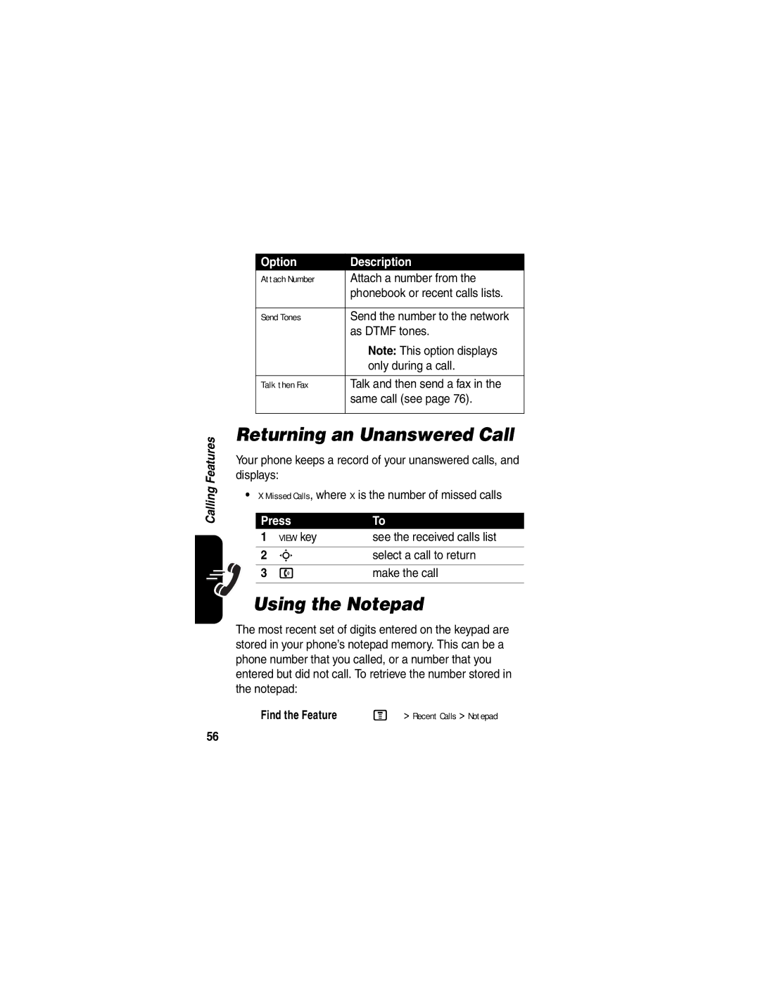 Motorola V555 manual Returning an Unanswered Call, Using the Notepad 