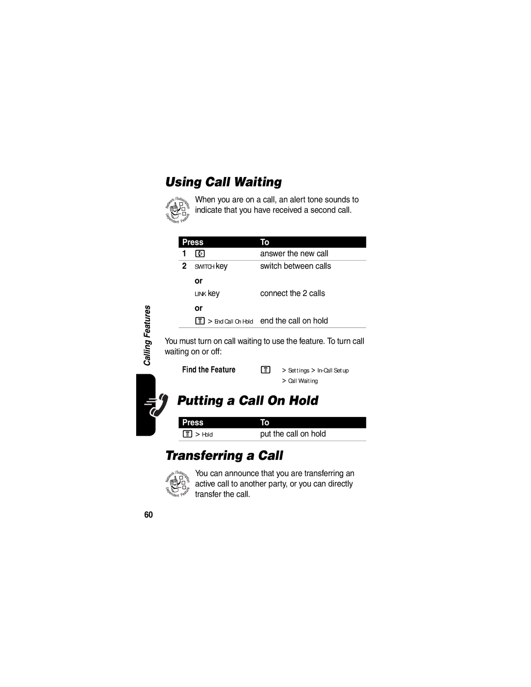 Motorola V555 manual Using Call Waiting, Putting a Call On Hold, Transferring a Call 