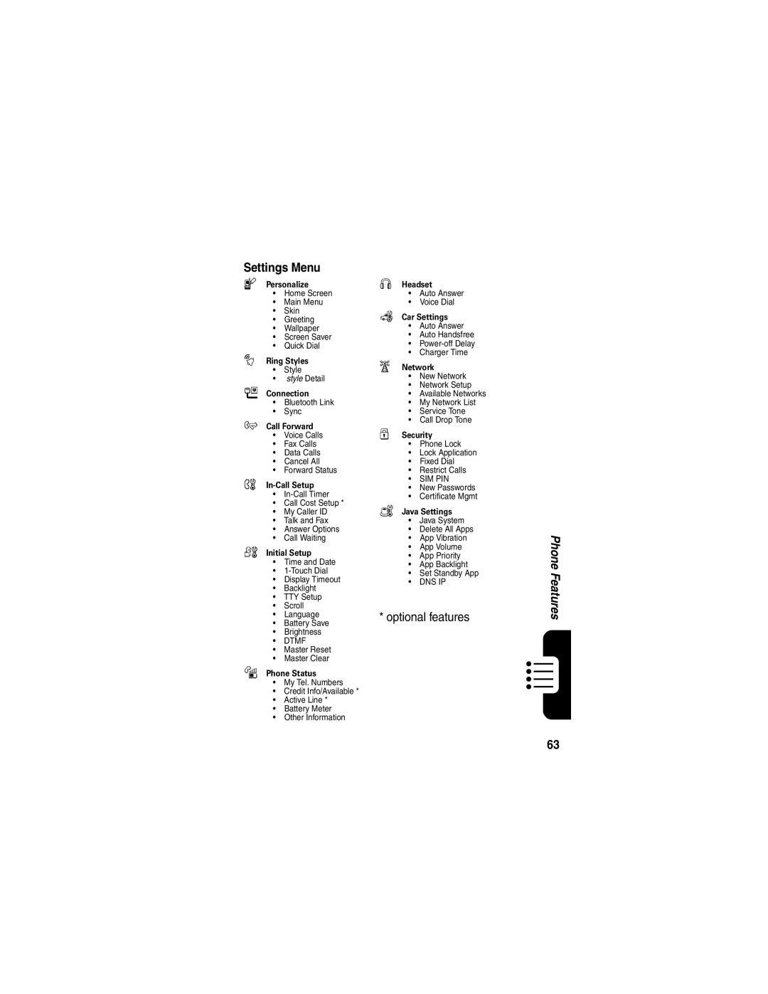 Motorola V555 manual Settings Menu, Initial Setup 