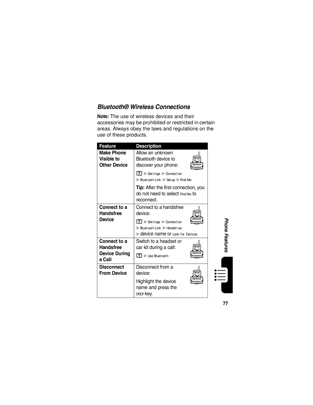 Motorola V555 manual Bluetooth Wireless Connections 