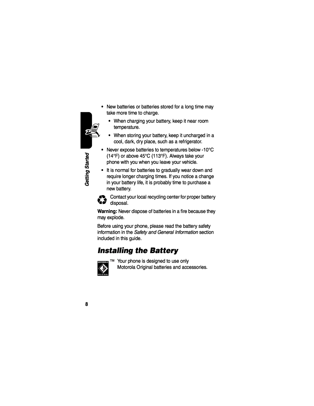 Motorola V555 manual Installing the Battery 