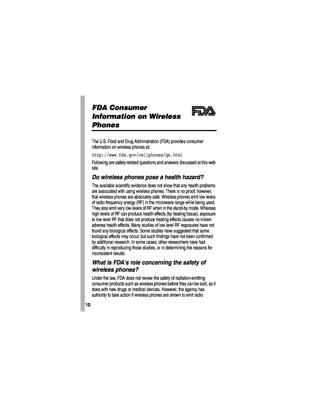 Motorola V555 manual FDA Consumer Information on Wireless Phones, Do wireless phones pose a health hazard? 