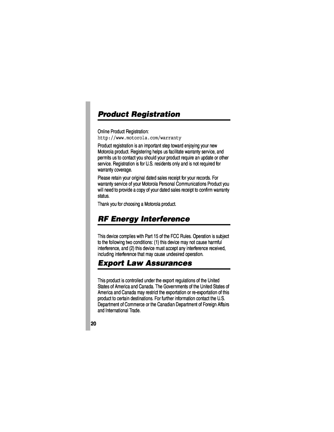 Motorola V555 manual RF Energy Interference, Export Law Assurances, Online Product Registration 
