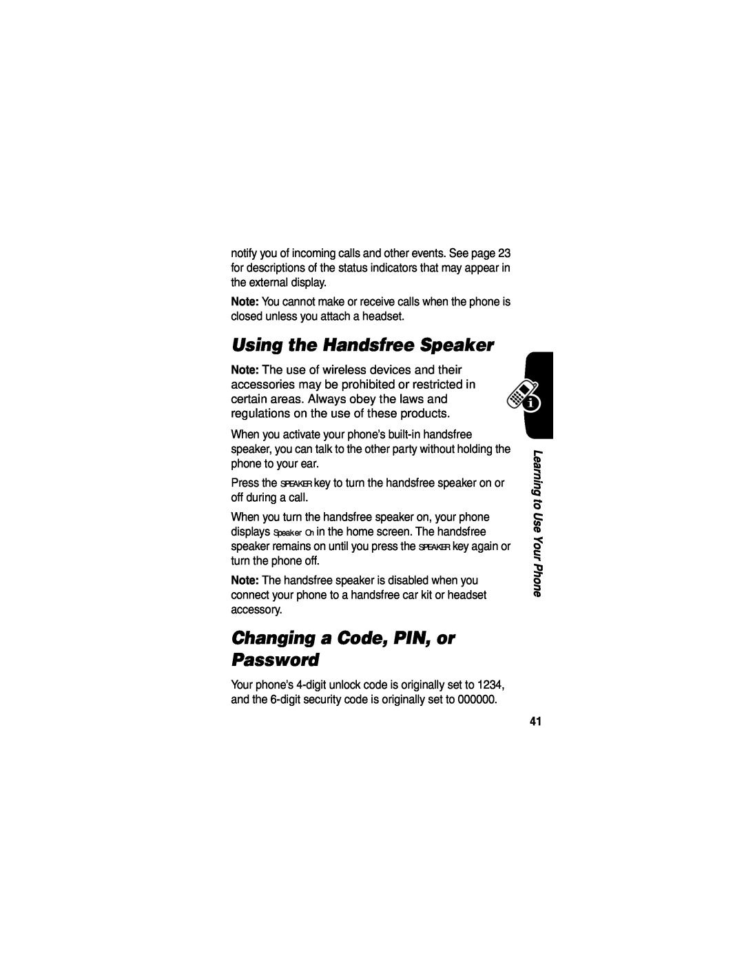 Motorola V555 manual Using the Handsfree Speaker, Changing a Code, PIN, or Password 
