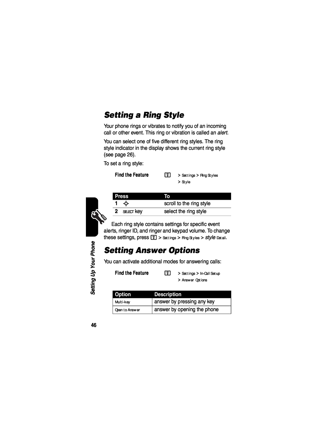 Motorola V555 manual Setting a Ring Style, Setting Answer Options, Press, Description 