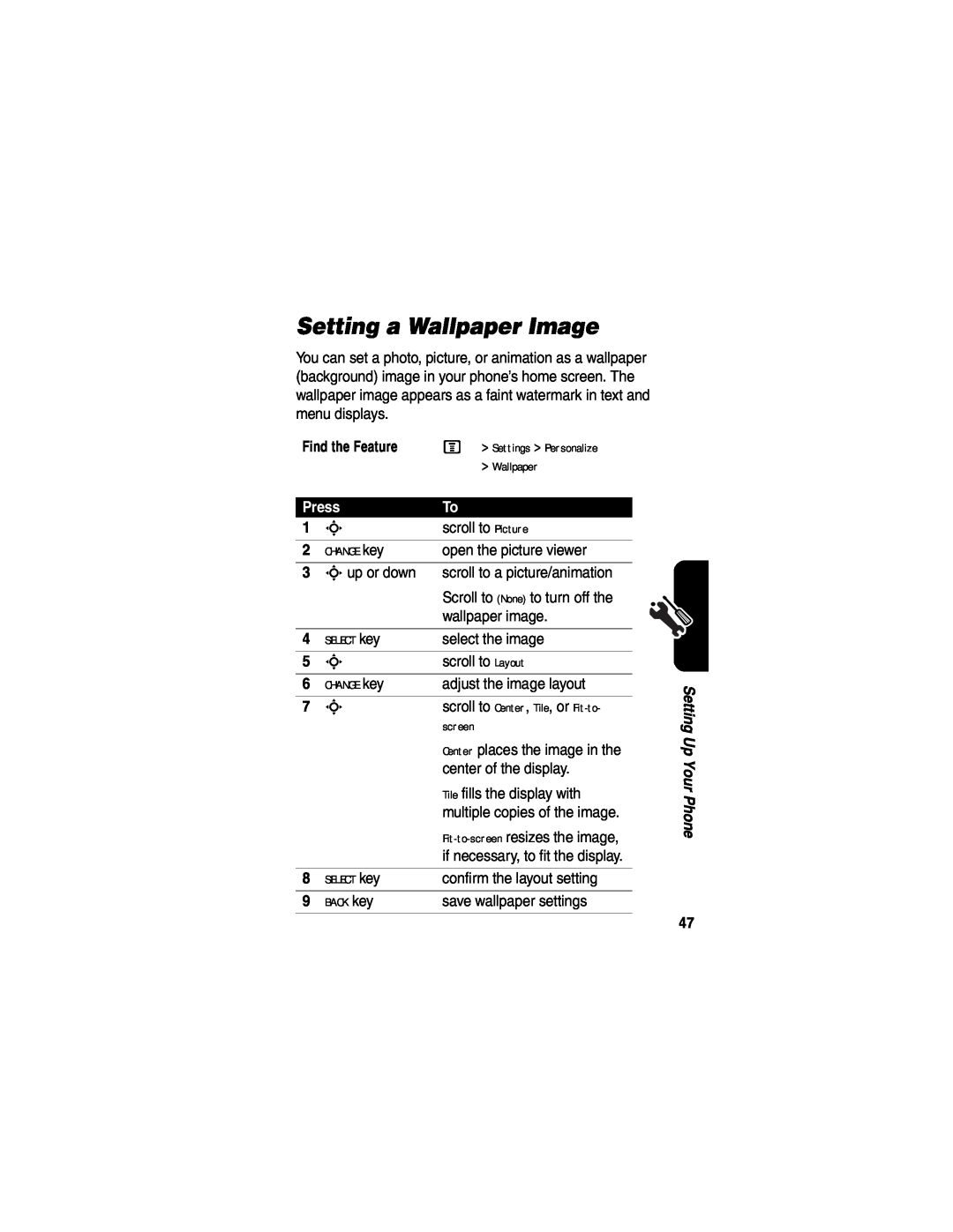 Motorola V555 manual Setting a Wallpaper Image, Press 