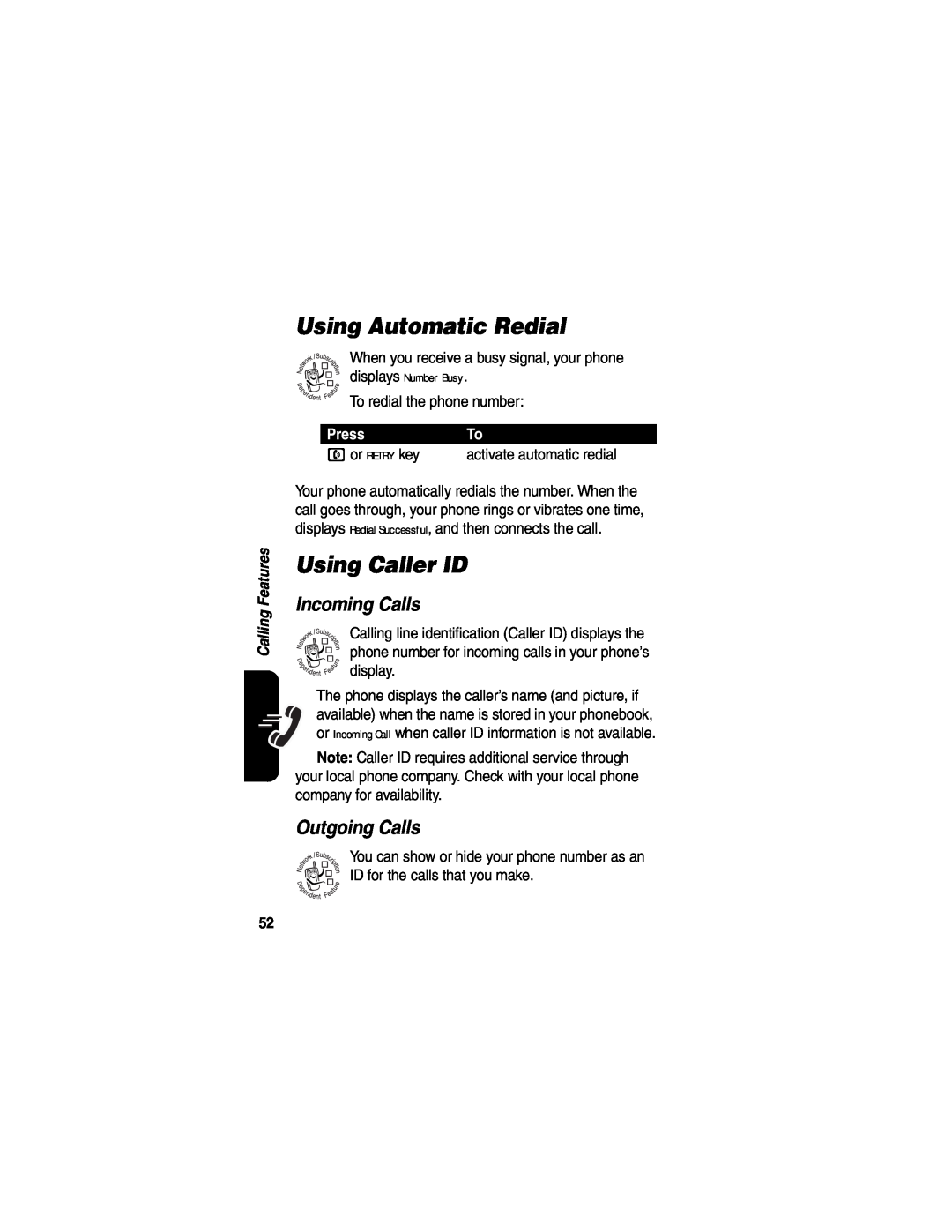Motorola V555 manual Using Automatic Redial, Using Caller ID, Incoming Calls, Outgoing Calls, Press 