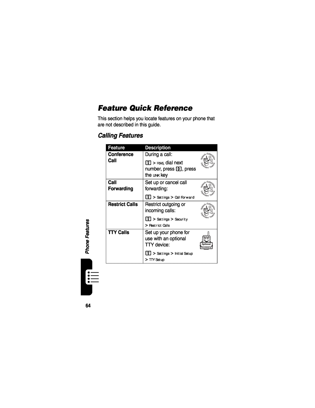 Motorola V555 manual Feature Quick Reference, Calling Features, Description 