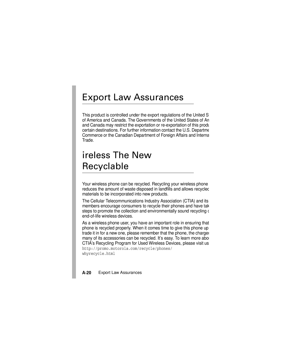 Motorola V557 manual Export Law Assurances, Wireless The New Recyclable 