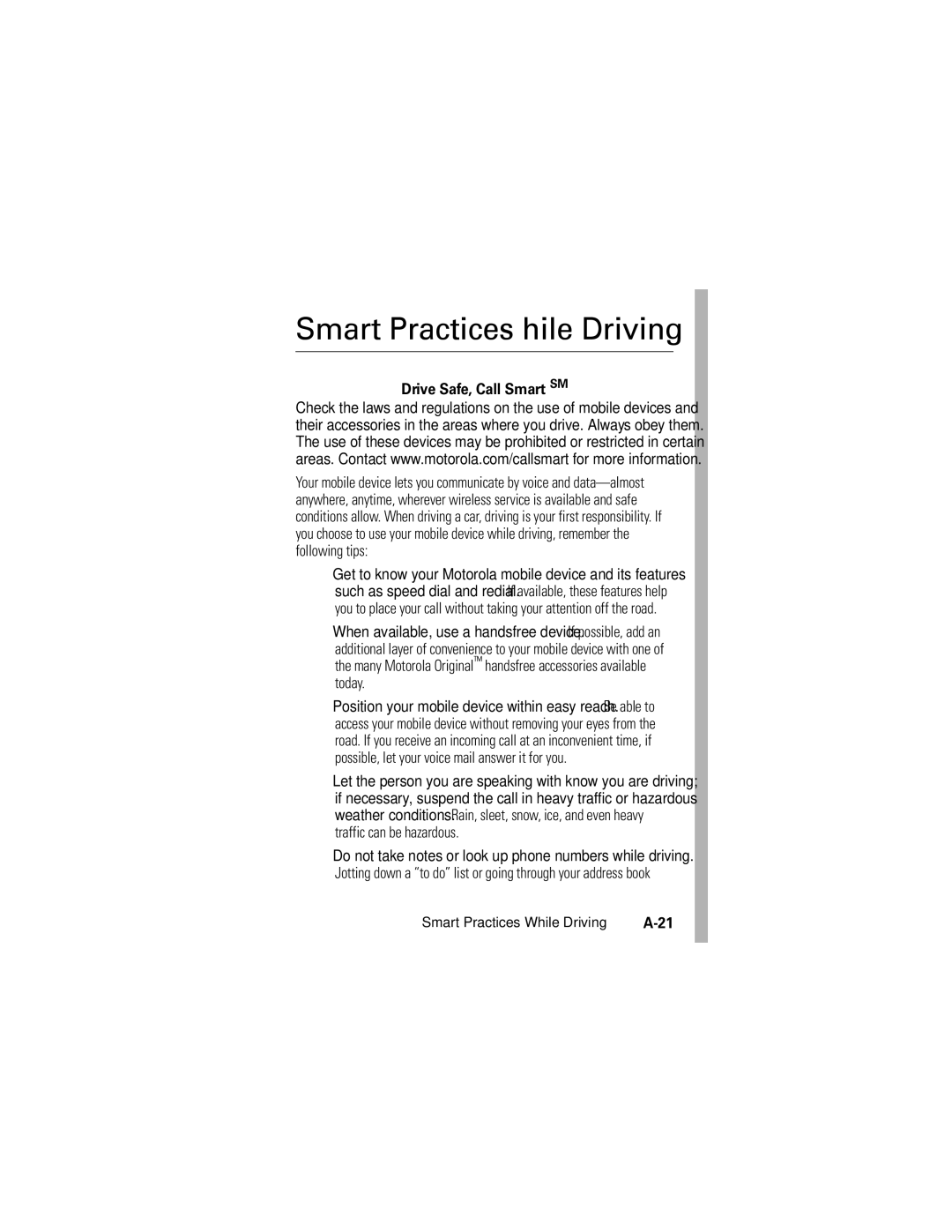 Motorola V557 manual Smart Practices While Driving, Drive Safe, Call Smart SM 