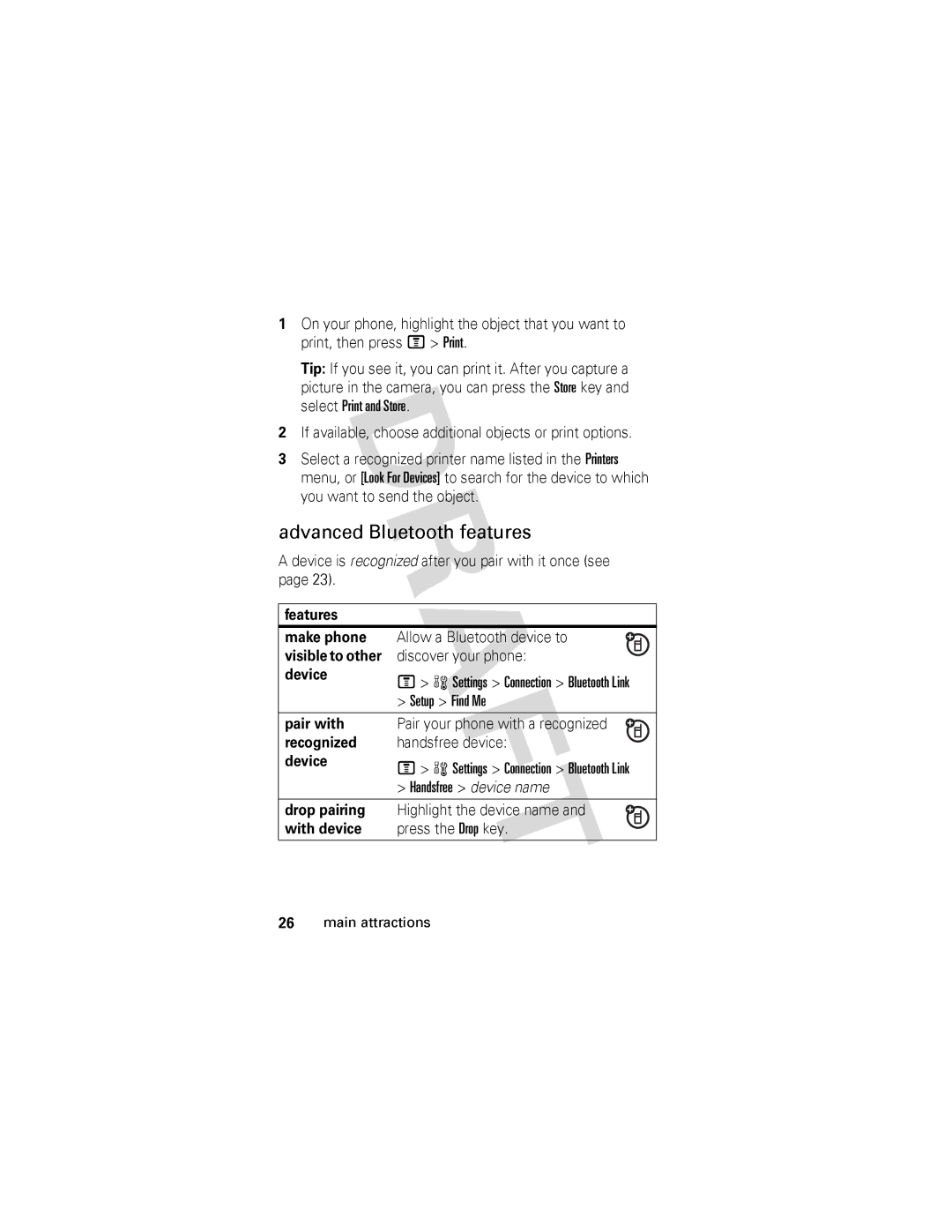 Motorola V557 manual Advanced Bluetooth features, Setup Find Me, Drop pairing, With device Press the Drop key 