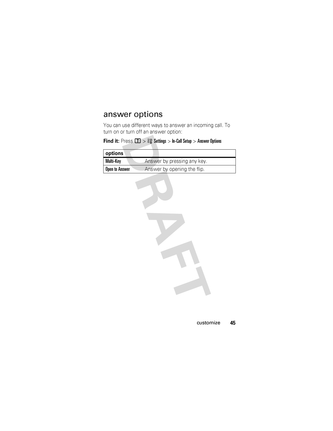 Motorola V557 manual Answer options 