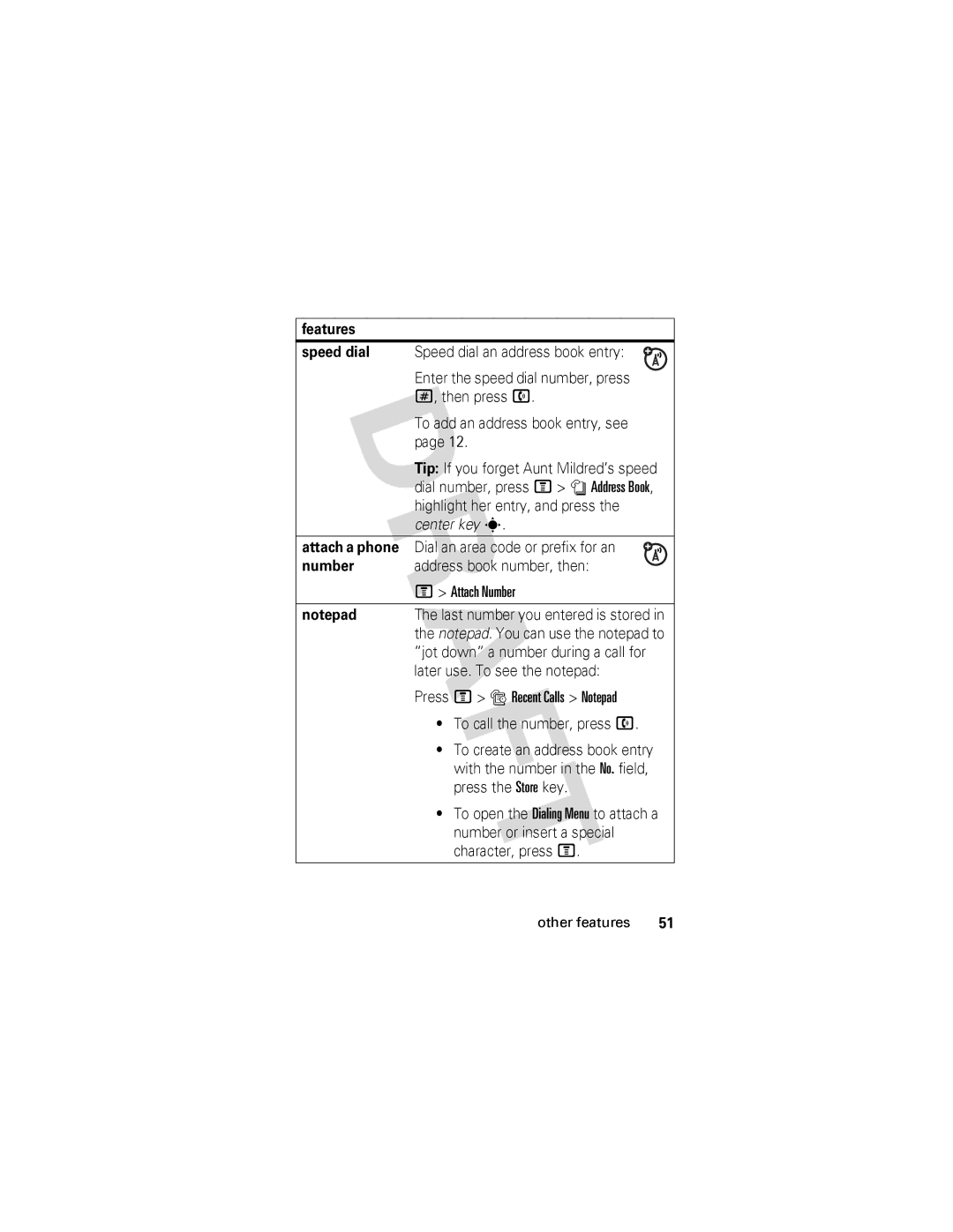 Motorola V557 manual Features Speed dial, Attach a phone, Number 