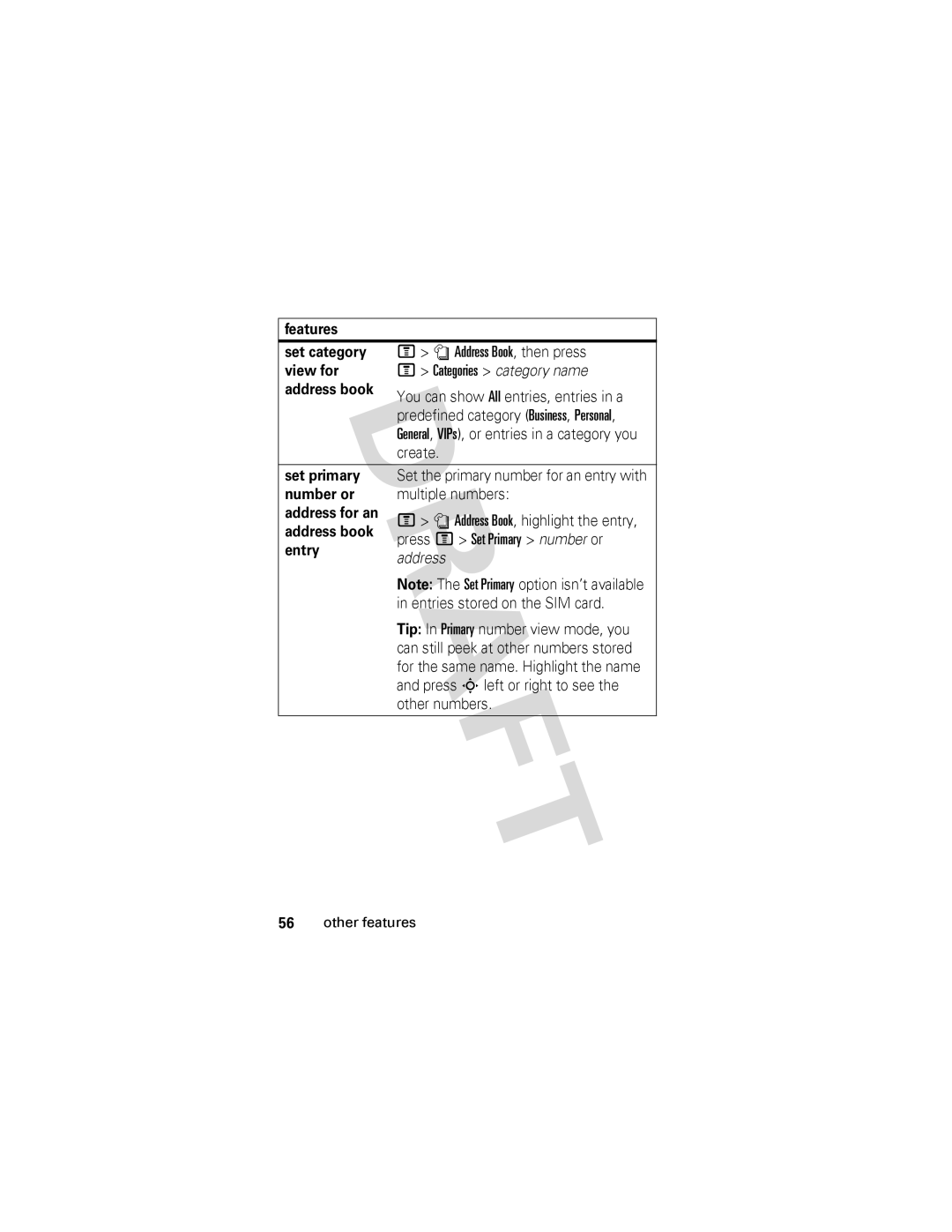 Motorola V557 manual Features Set category, Set primary, Number or, Address for an 