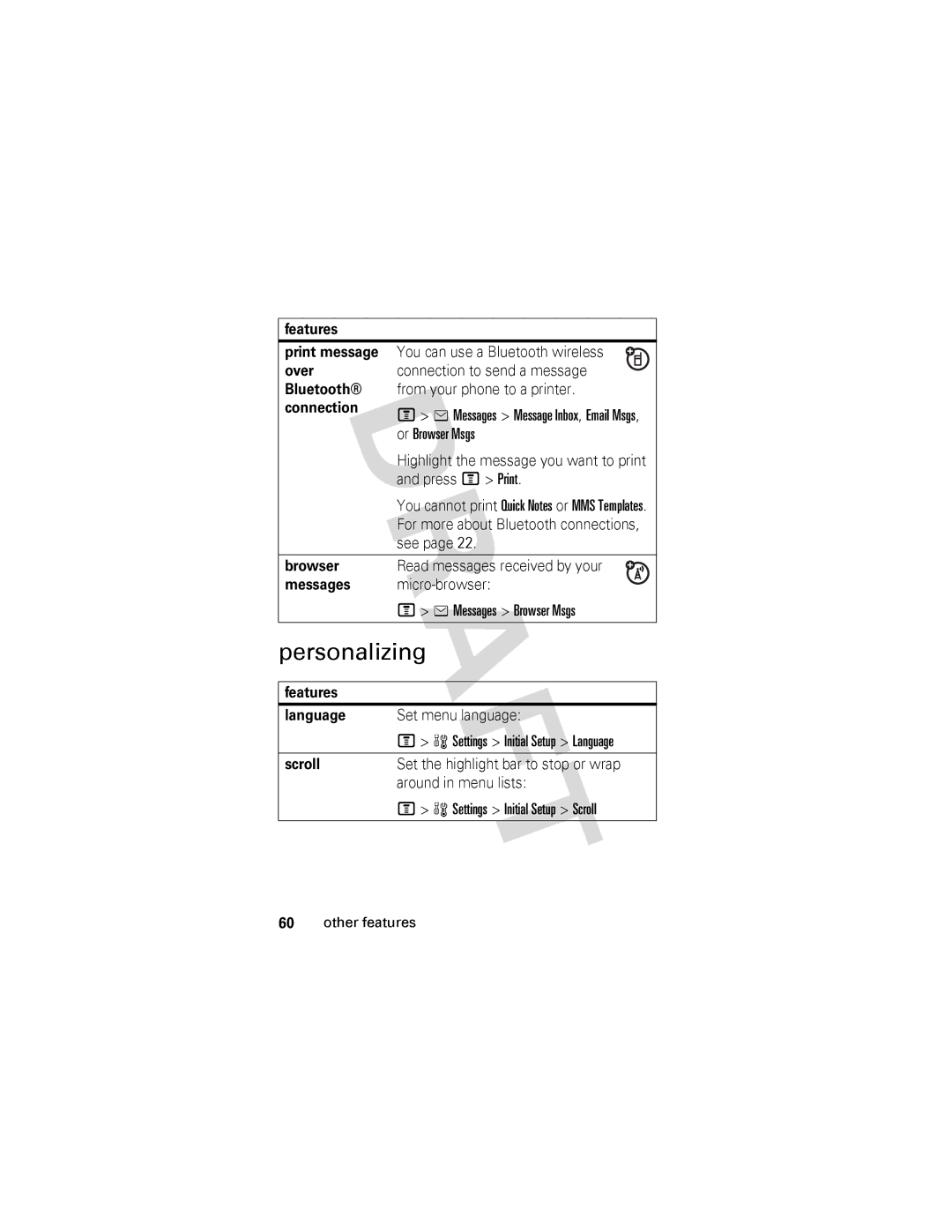 Motorola V557 manual Personalizing, Features Print message, Browser, Scroll 