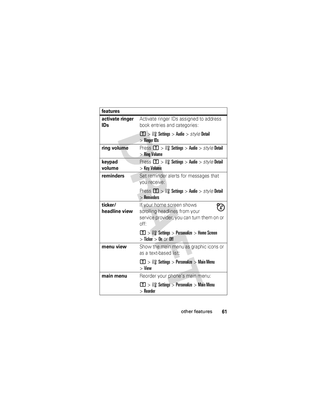 Motorola V557 manual Features Activate ringer, IDs, Ring volume, Keypad, Volume, Reminders 